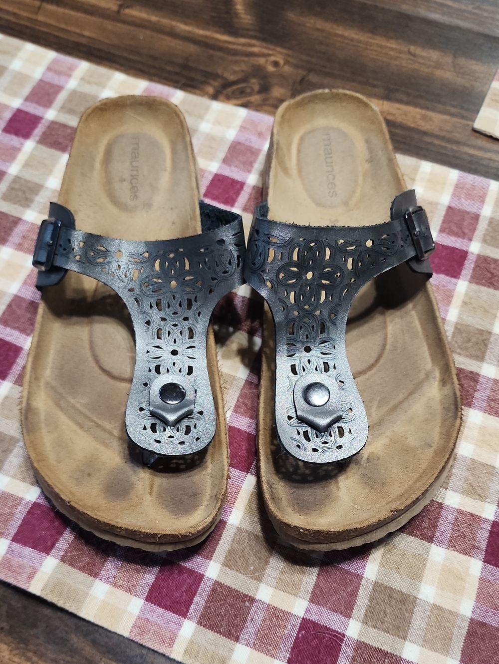 Maurices Black Laser-Cut Toe-Post Sandals with Buckle
